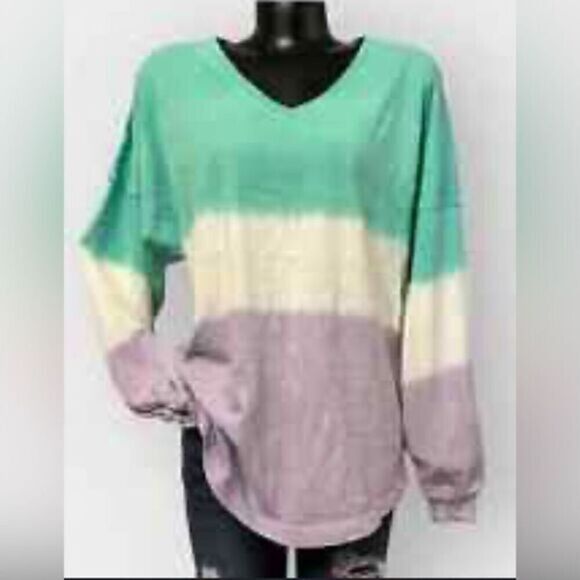 NWOT Spirit Jersey Women’s Green Purple Tie Dye V Neck Long Sleeve Tee Shirt - M - Picture 1 of 5